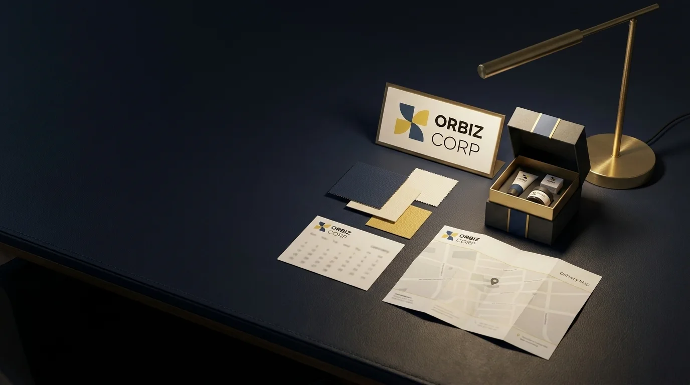 Orbiz Corp planning materials, samples and delivery map arranged on a desk